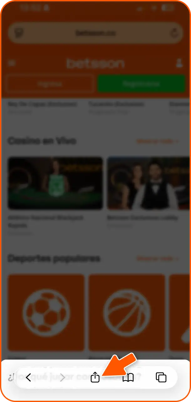 Toca el ícono de compartir en tu navegador para configurar las apuestas de MMA en Betsson Perú.