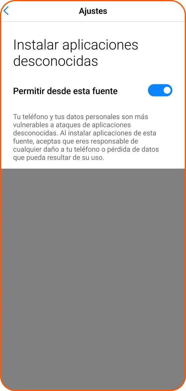 Permite fuentes desconocidas en tu teléfono para instalar la app de Betsson Perú sobre MMA.
