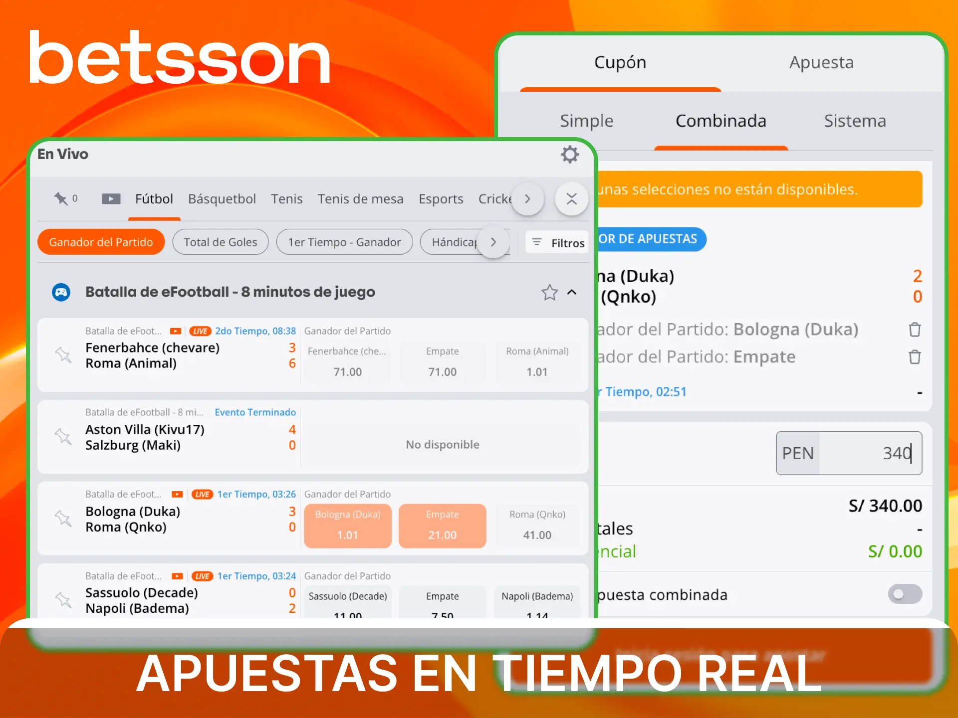 Haz apuestas en tiempo real en Betsson Perú y vive la emoción de la sección en vivo.