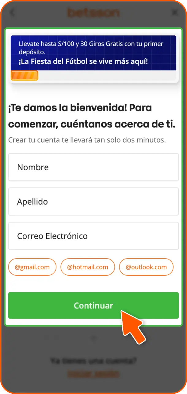 Completa el formulario con tus datos personales para avanzar en el registro de Betsson Perú.