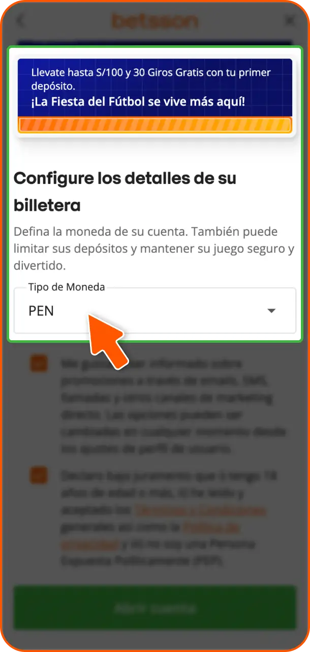 Configura tu moneda y método de pago antes de finalizar el registro en Betsson Perú.