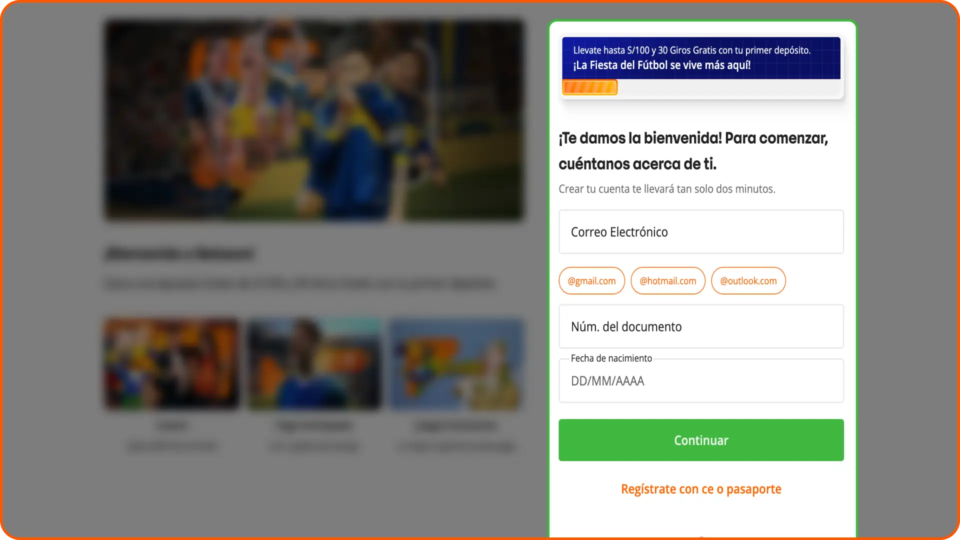 Completa tus datos personales de manera segura para tu registro en Betsson Perú.