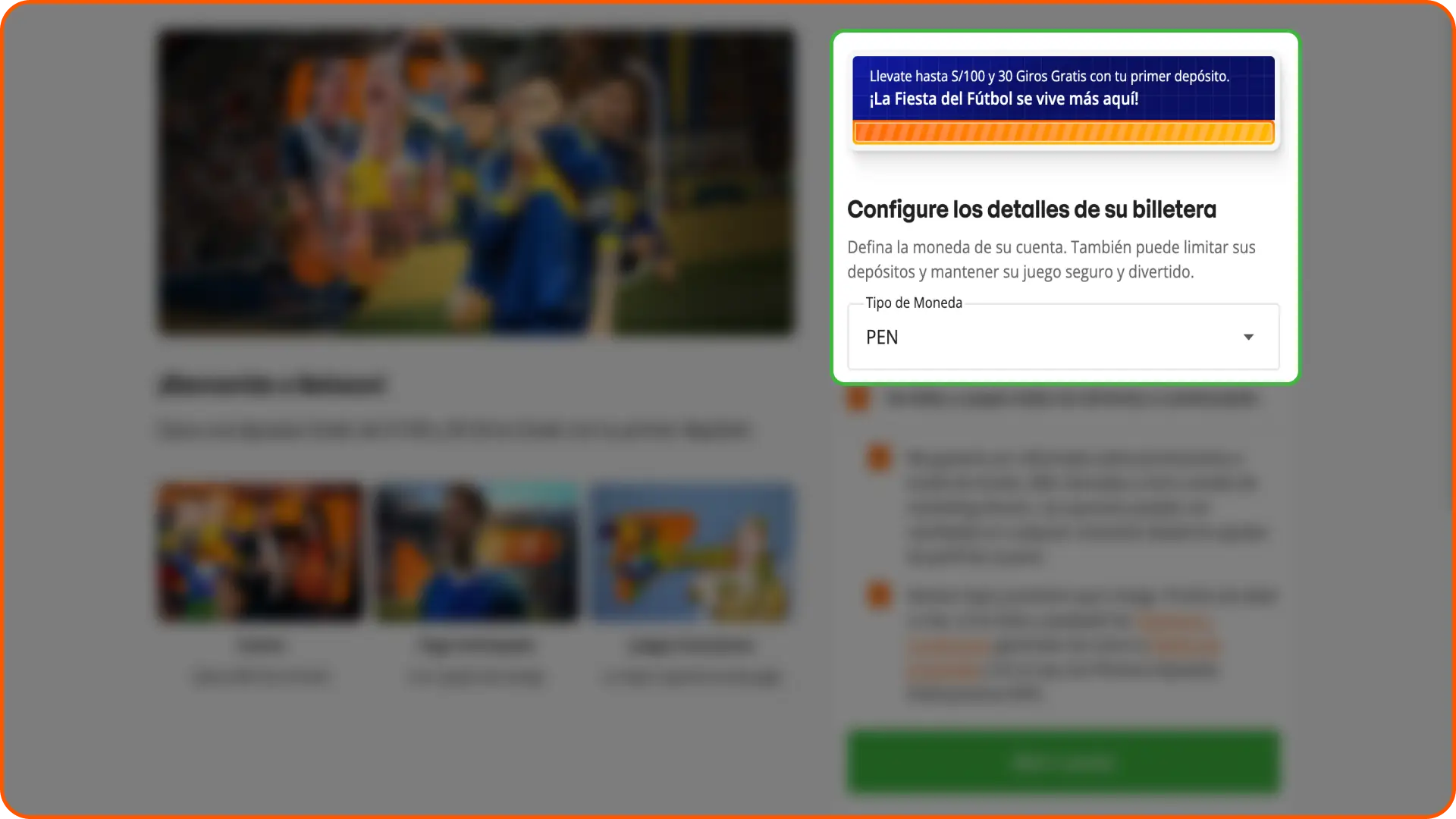 Selecciona tu moneda y método de pago preferido para completar tu registro en Betsson Perú.